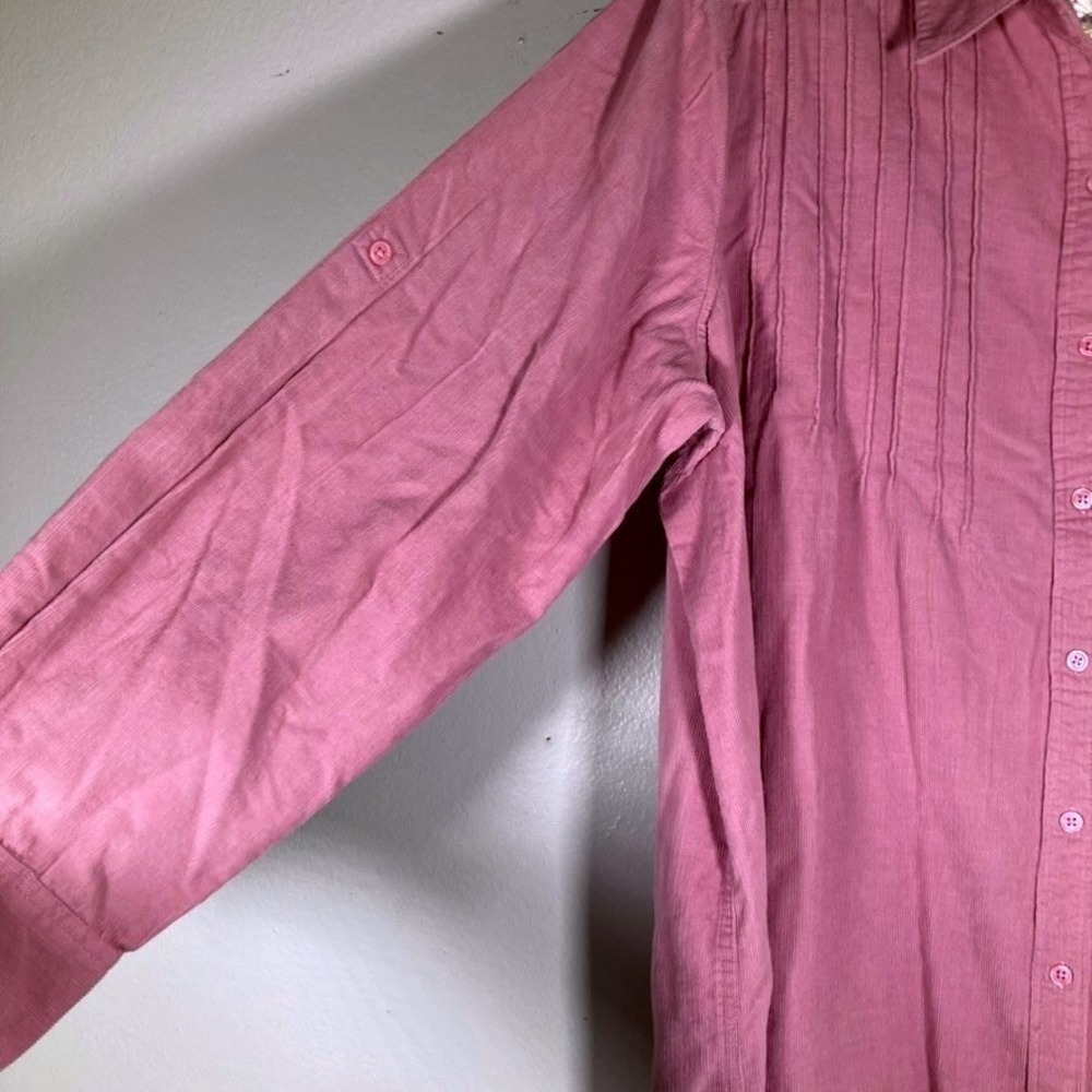 Woman Within L Pink Corduroy Button Down Shirt Pleated Bib Roll Tab Sleeve - Picture 4 of 14